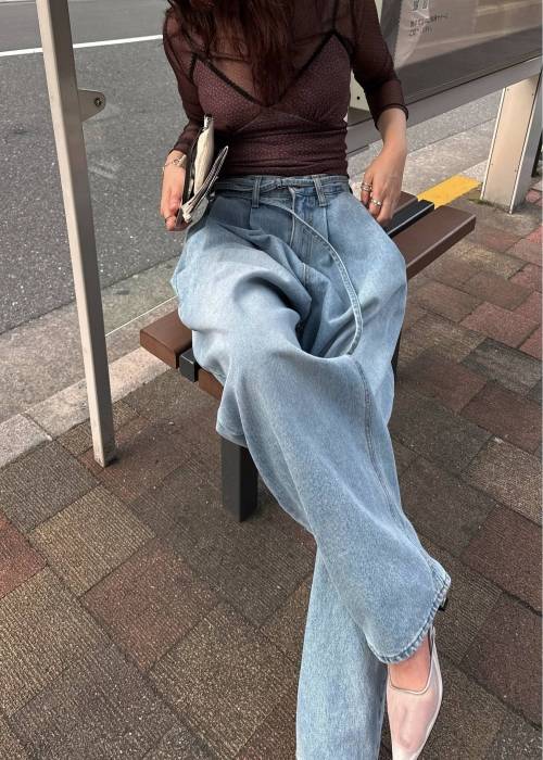 narrow ribbon tuck wide denim PT