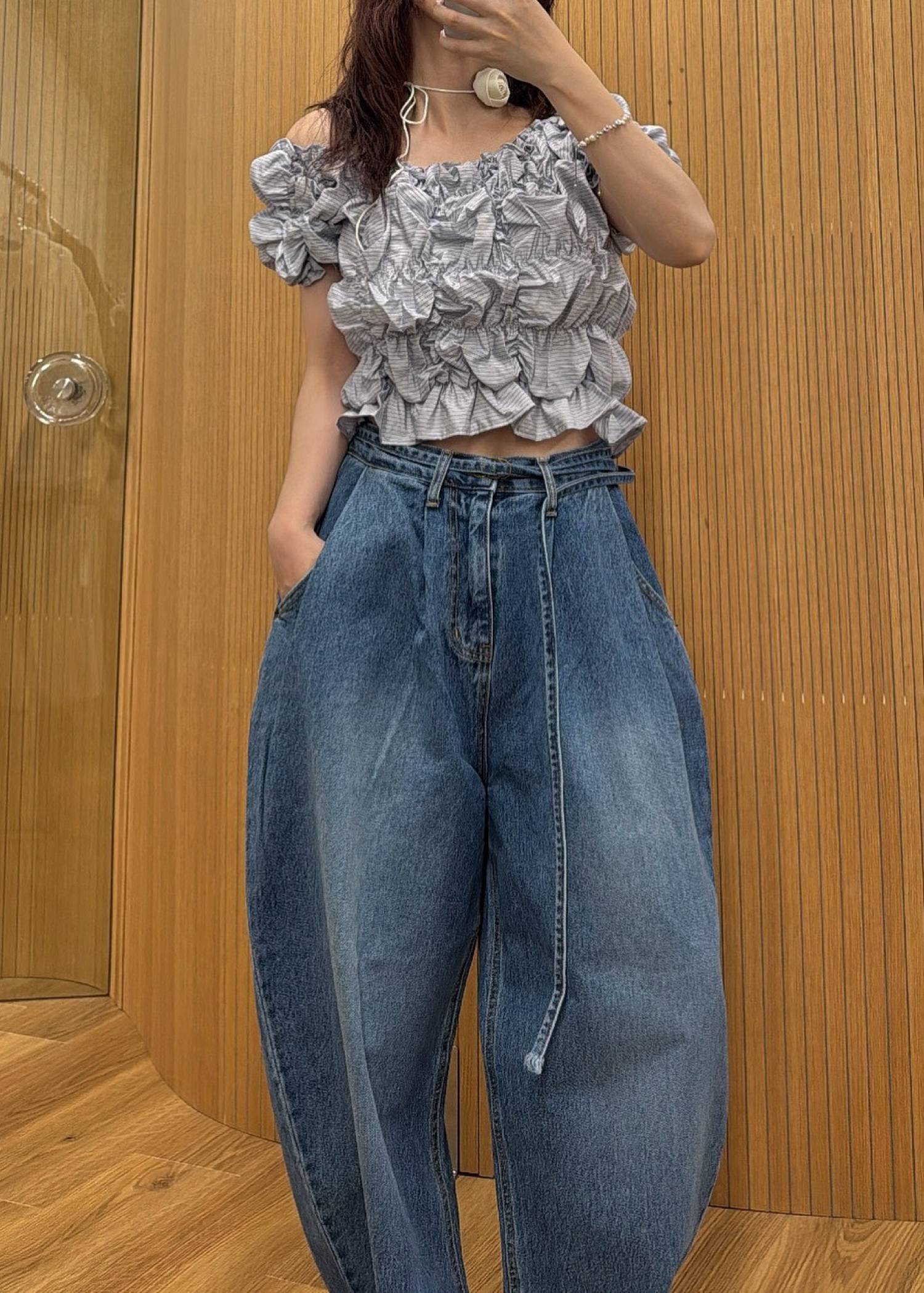 narrow ribbon tuck wide denim PT