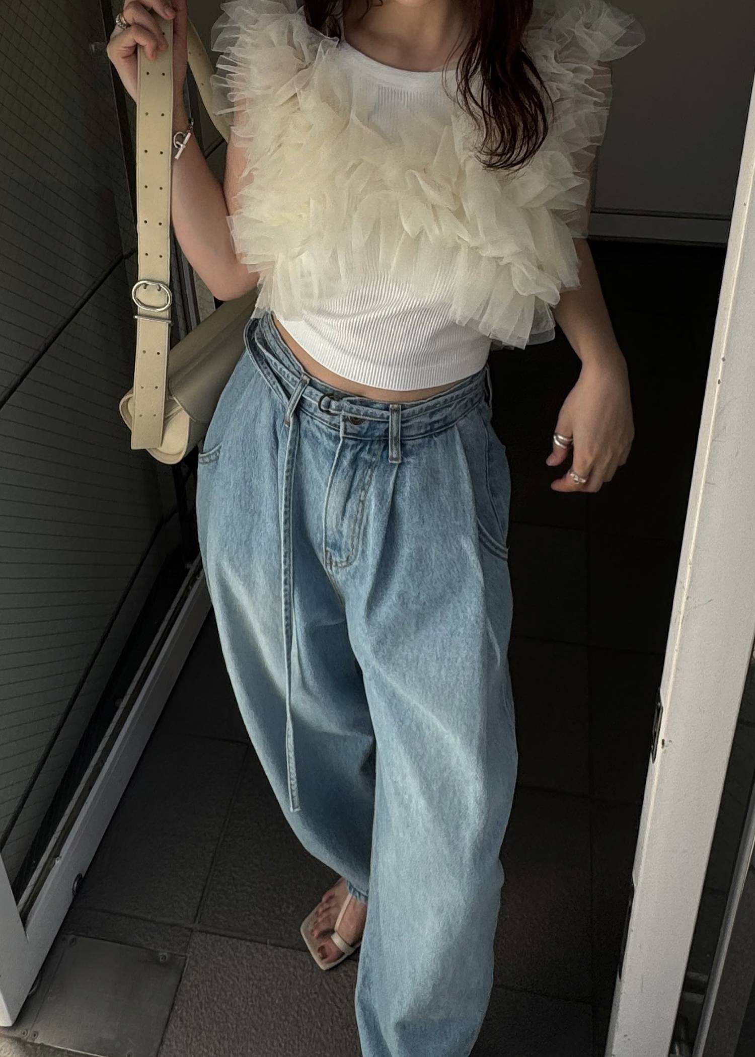 narrow ribbon tuck wide denim PT