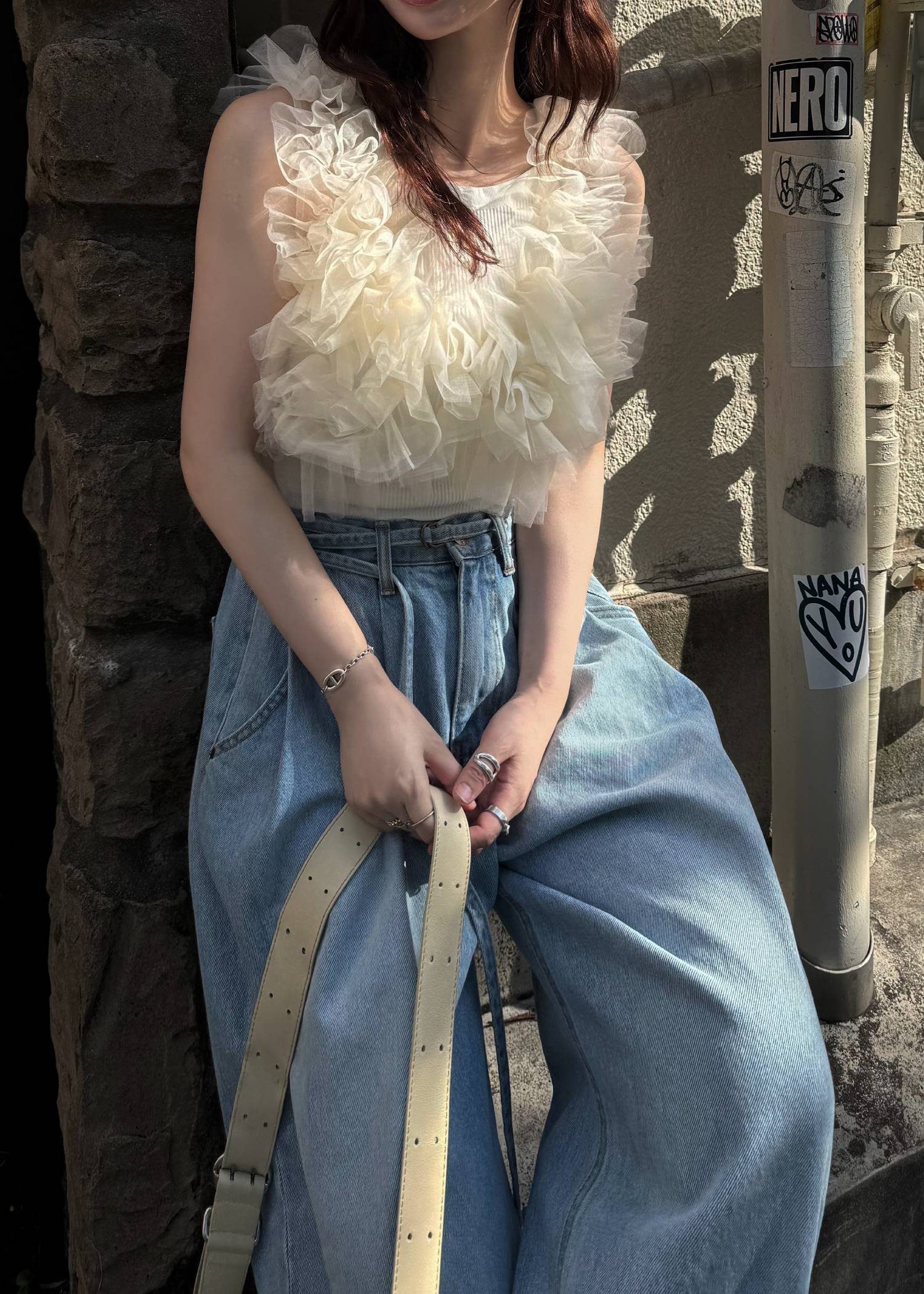 narrow ribbon tuck wide denim PT
