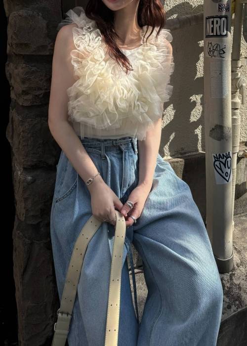narrow ribbon tuck wide denim PT