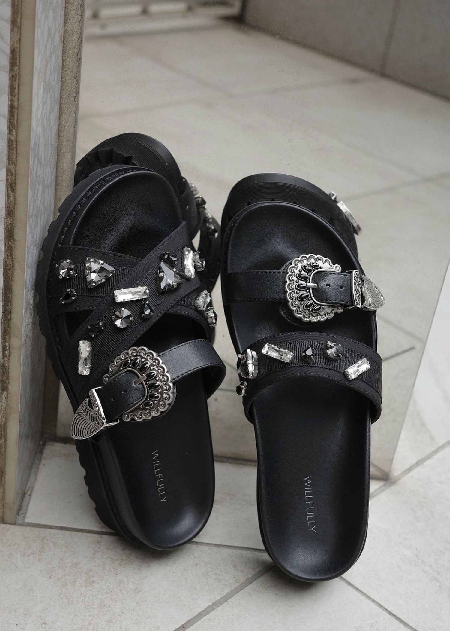 asymmetric bijou strap sandal