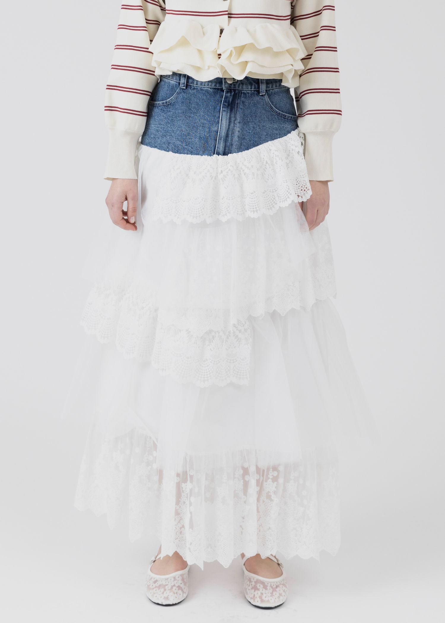 denim yoke lace irregular tiered SK