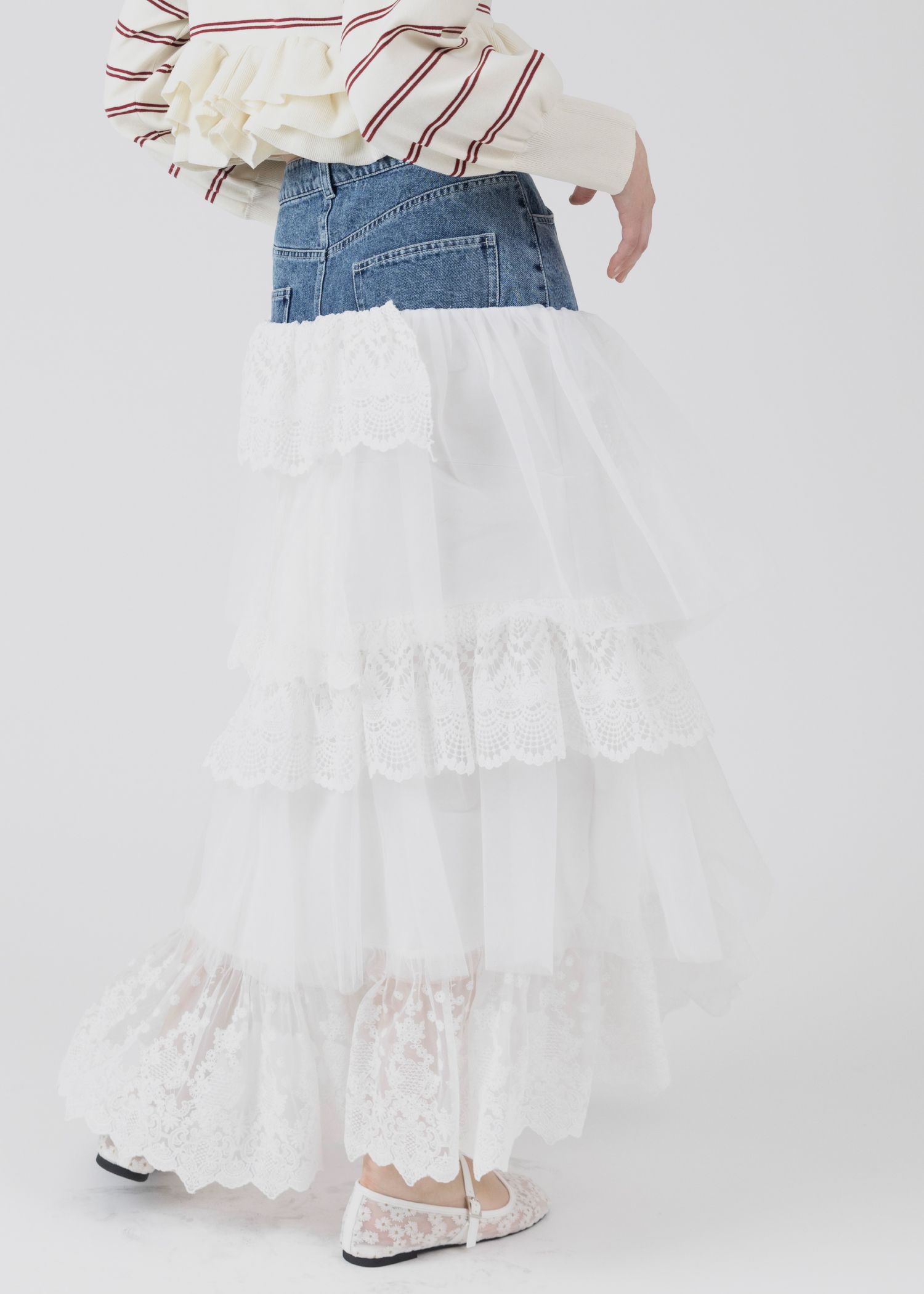 denim yoke lace irregular tiered SK