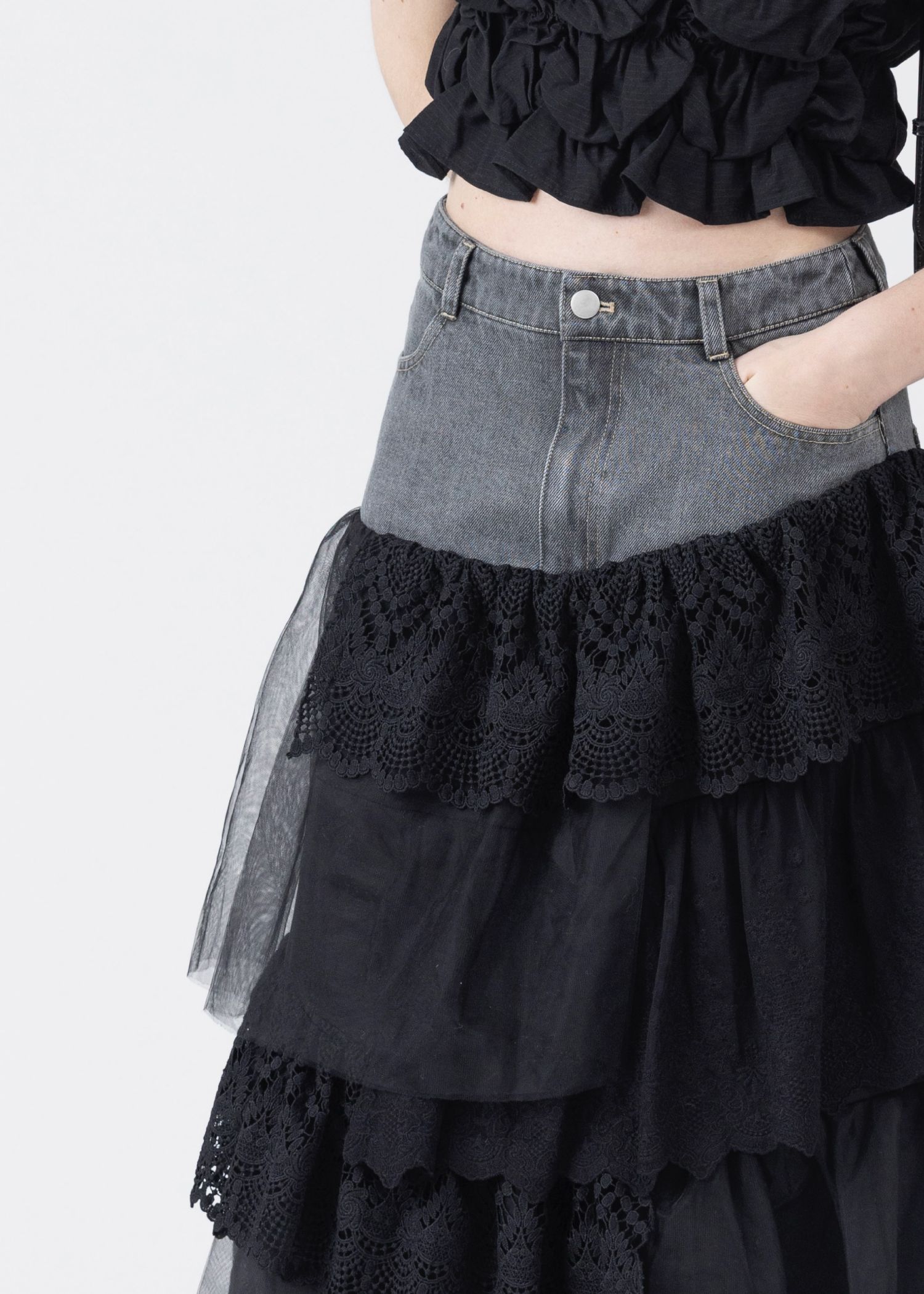 denim yoke lace irregular tiered SK