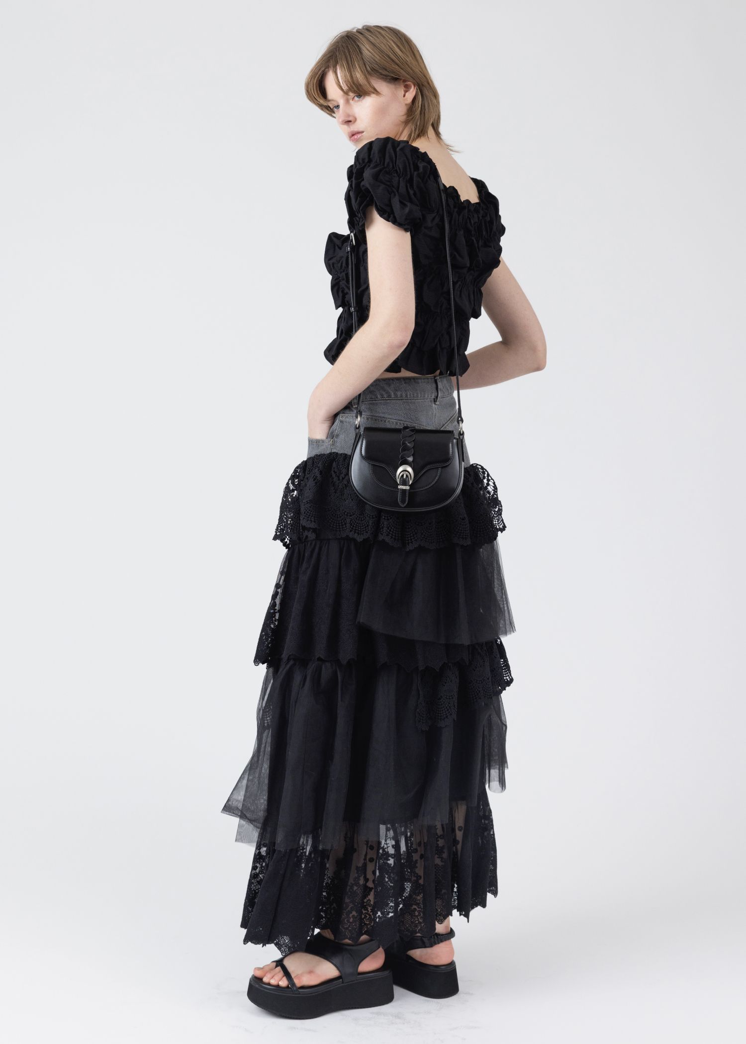 denim yoke lace irregular tiered SK