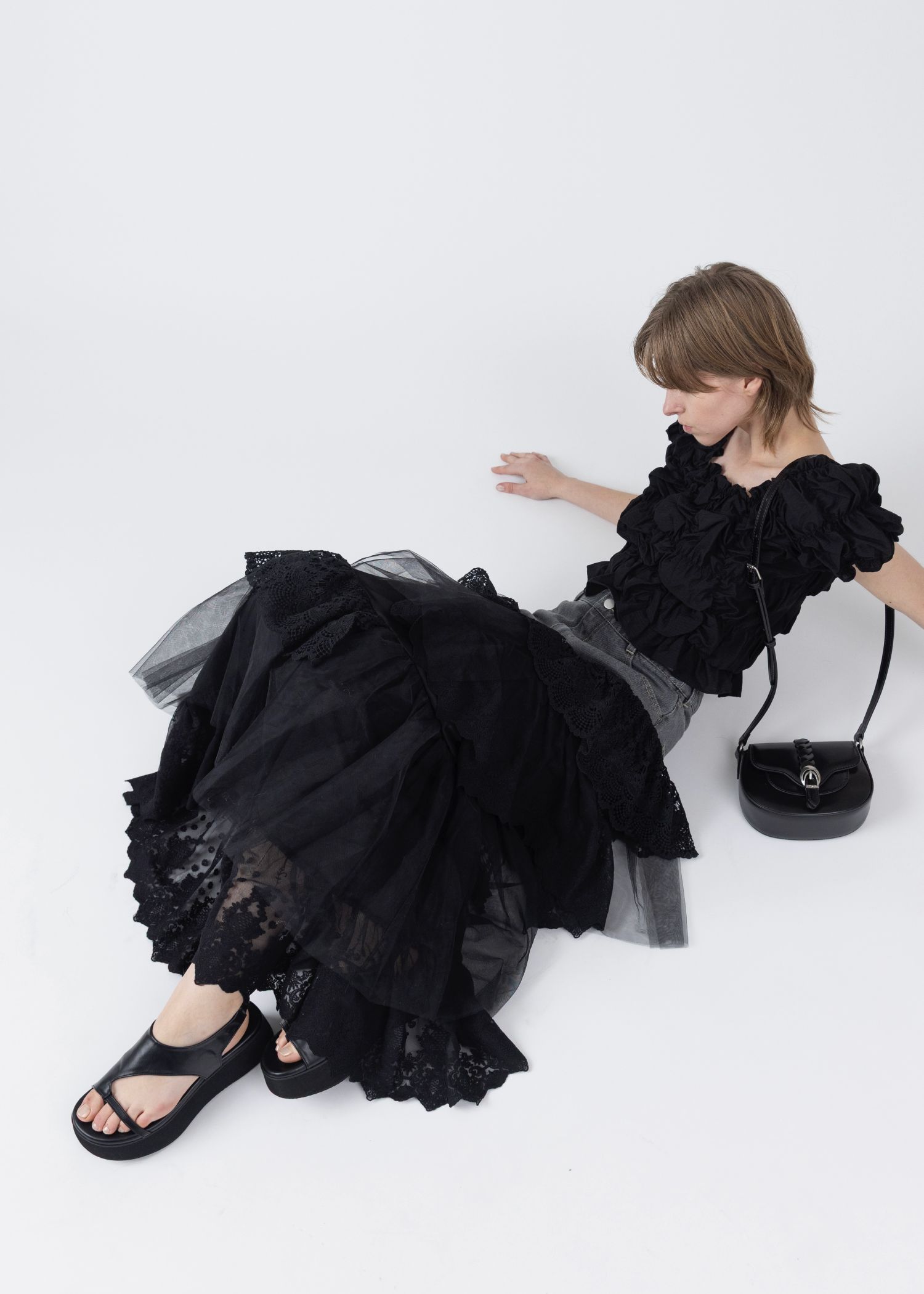 denim yoke lace irregular tiered SK