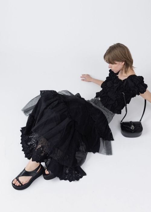 denim yoke lace irregular tiered SK