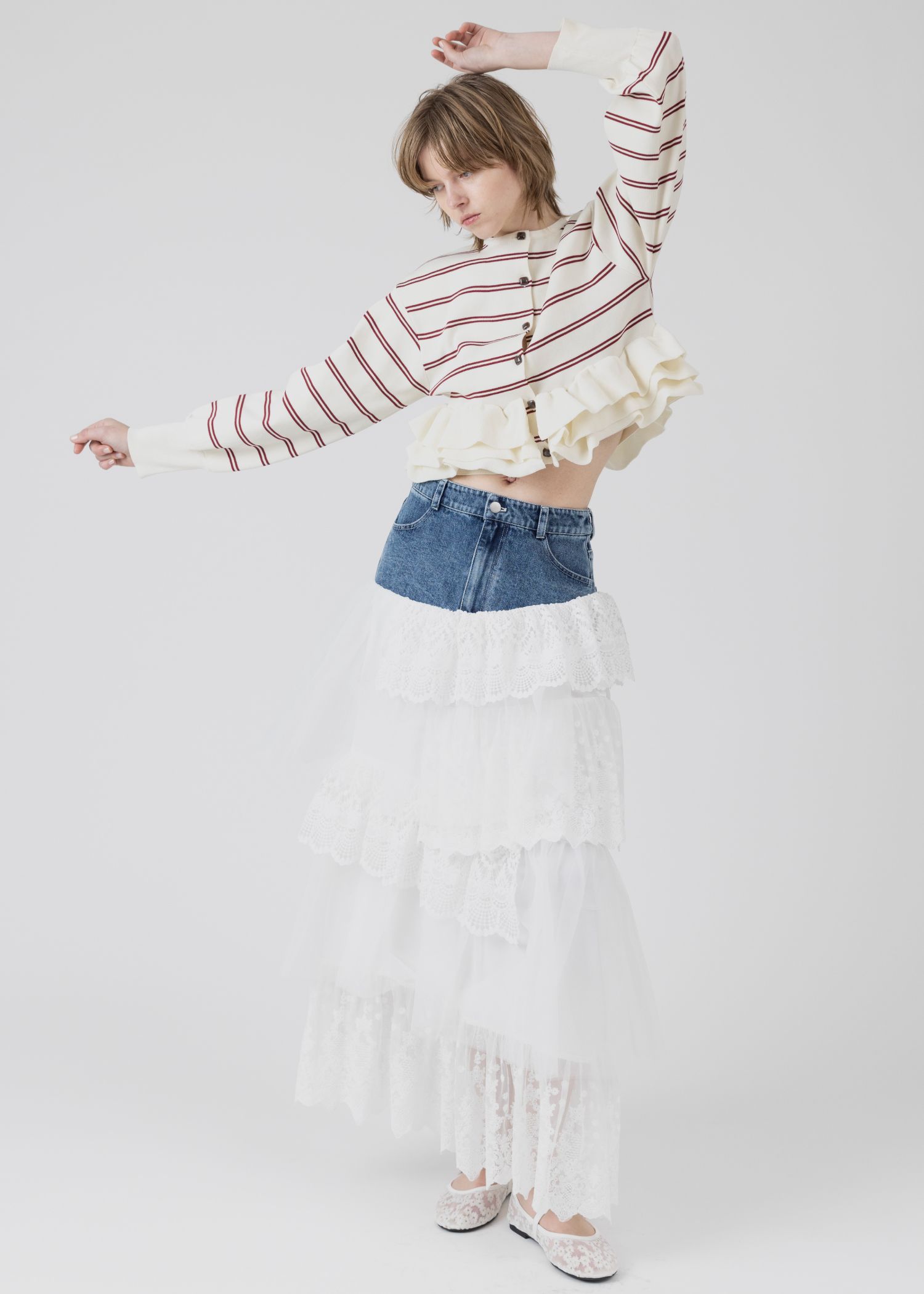 denim yoke lace irregular tiered SK