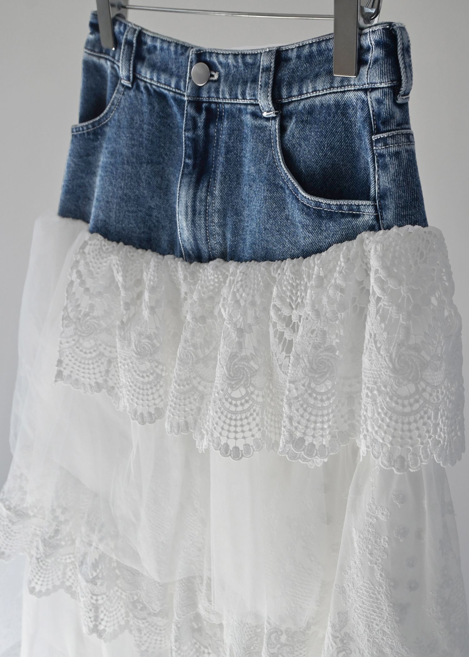 denim yoke lace irregular tiered SK