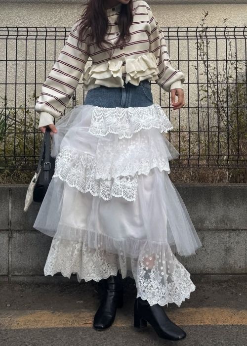 denim yoke lace irregular tiered SK