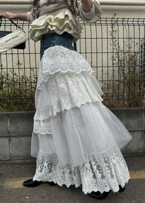 denim yoke lace irregular tiered SK