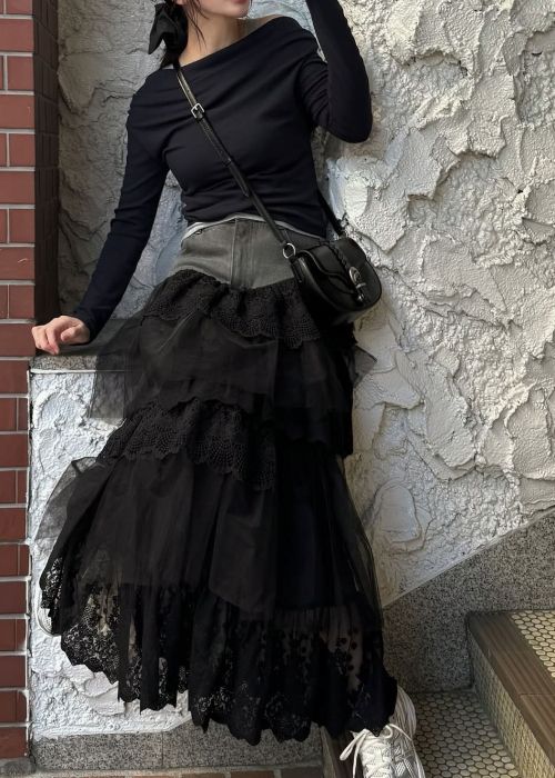 denim yoke lace irregular tiered SK