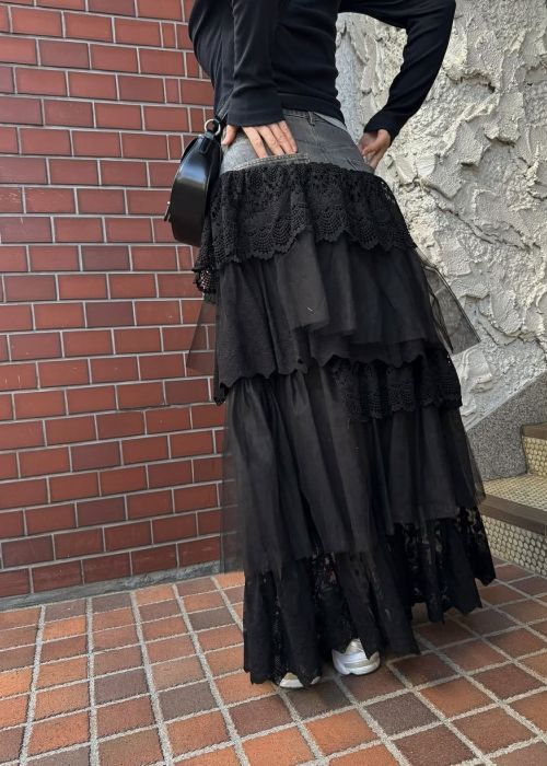 denim yoke lace irregular tiered SK