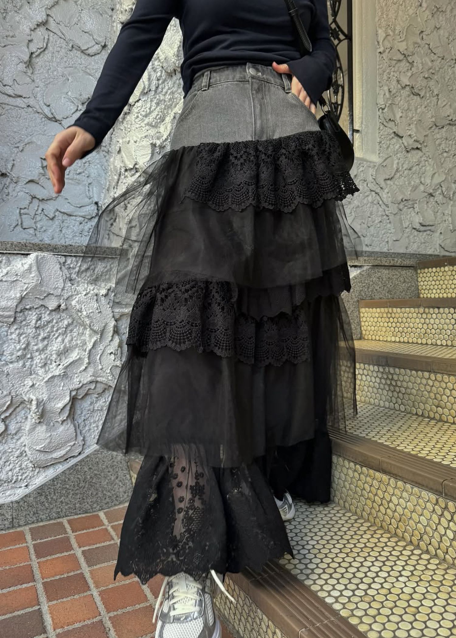 denim yoke lace irregular tiered SK