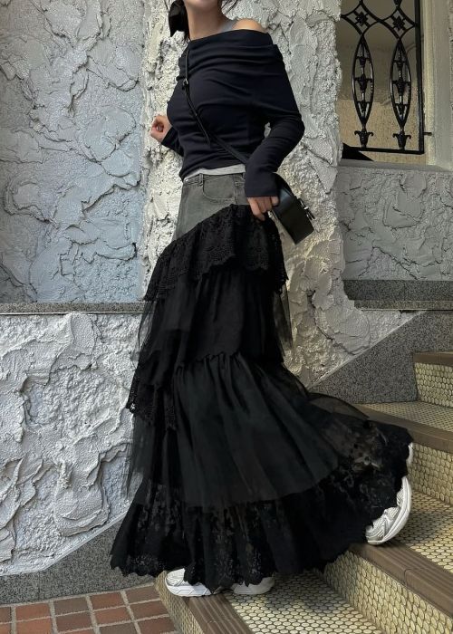 denim yoke lace irregular tiered SK