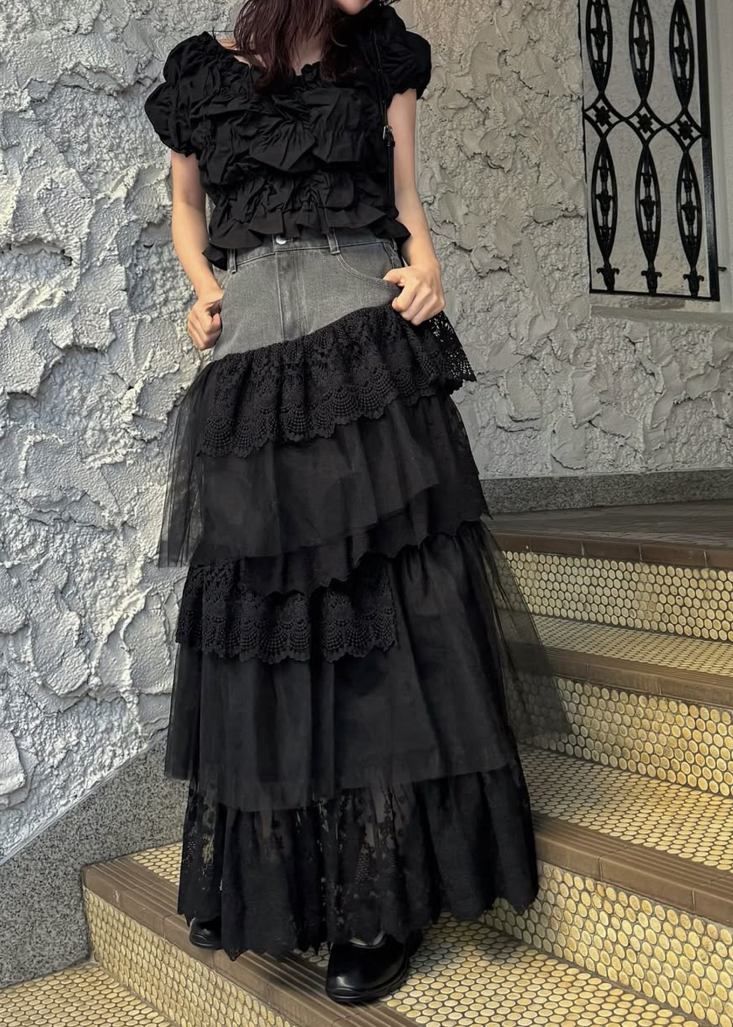 denim yoke lace irregular tiered SK