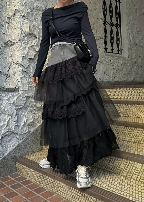 denim yoke lace irregular tiered SK