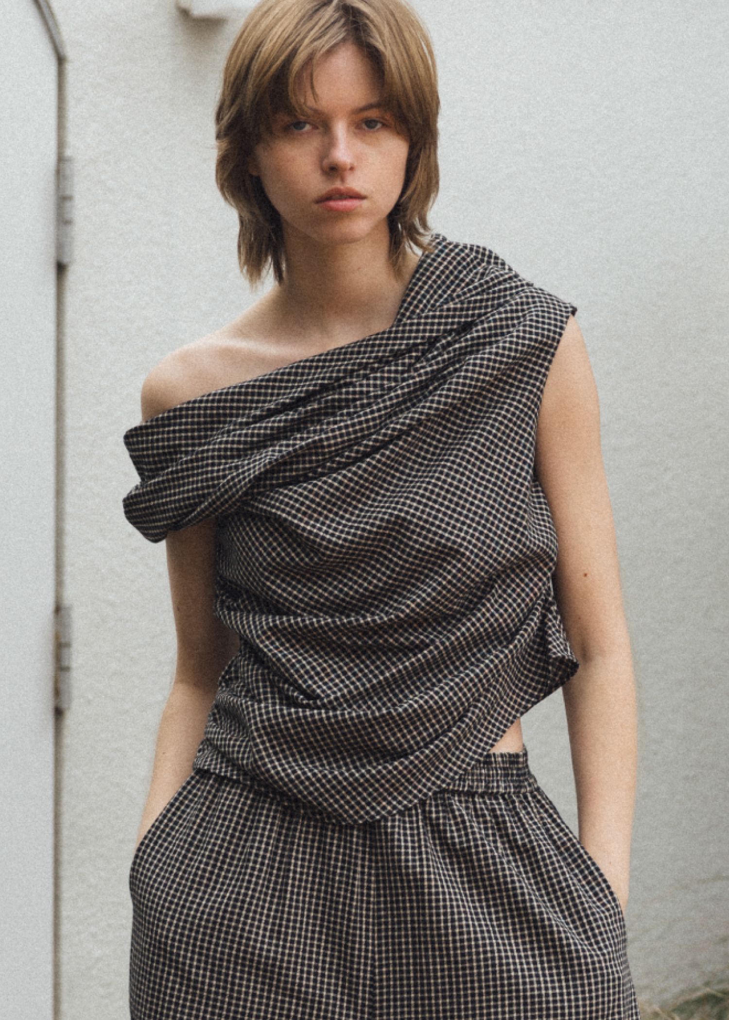 asymmetry tuck gather off shoulder check tops