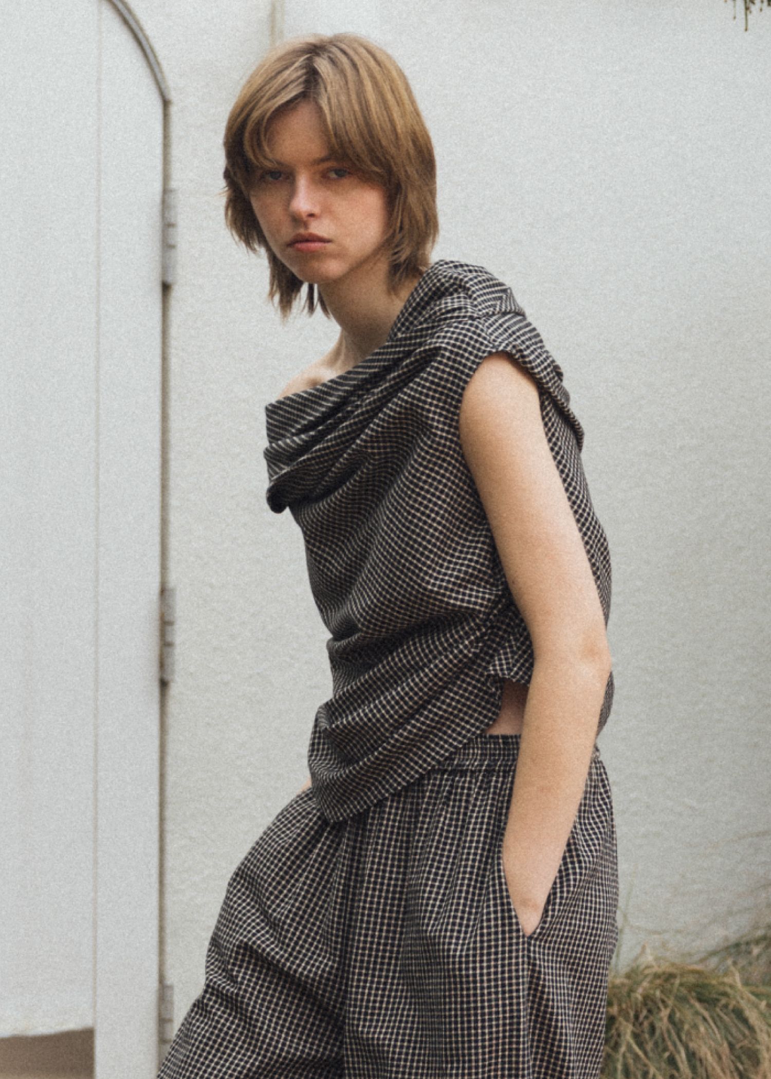 asymmetry tuck gather off shoulder check tops