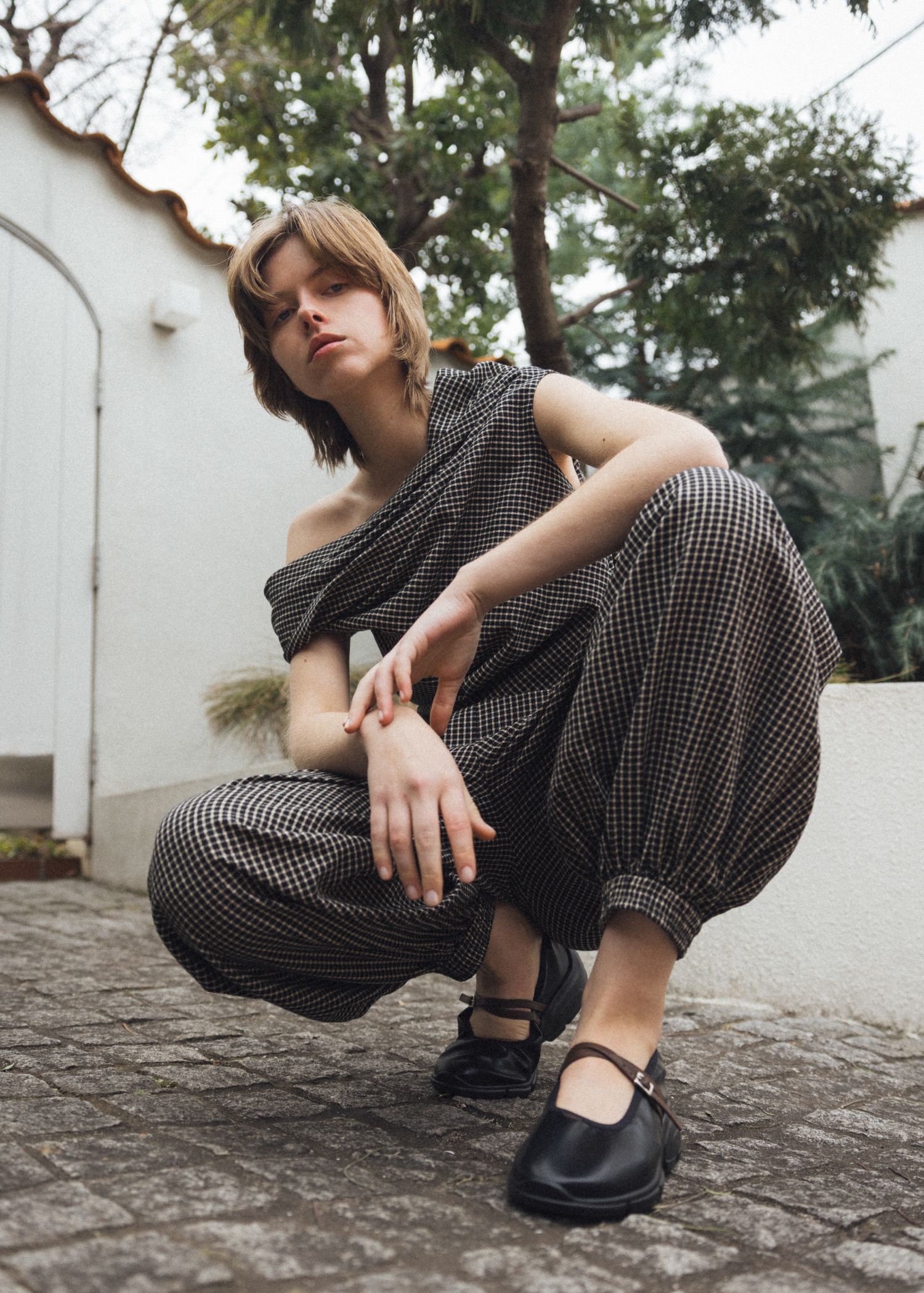 asymmetry tuck gather off shoulder check tops