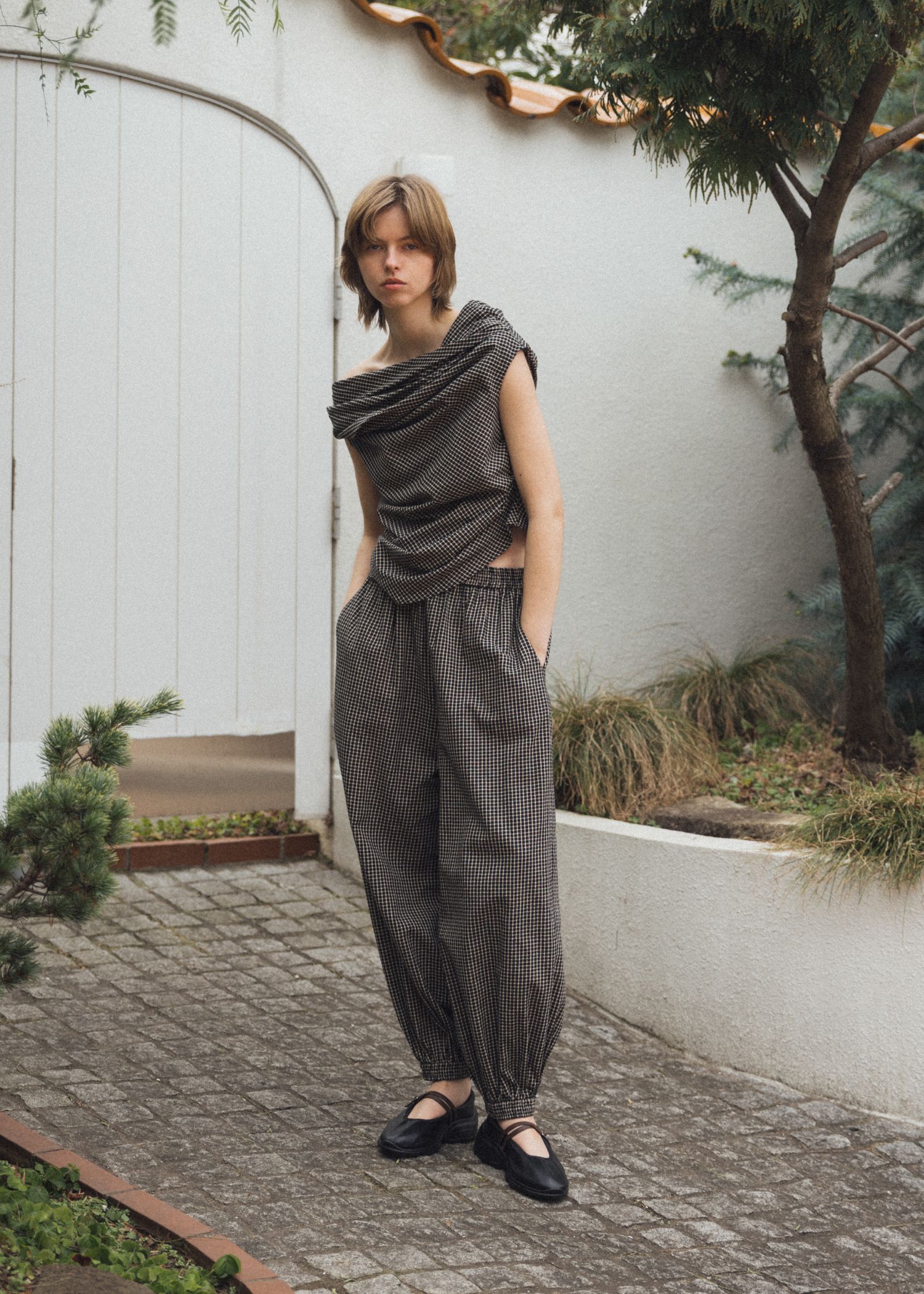 asymmetry tuck gather off shoulder check tops