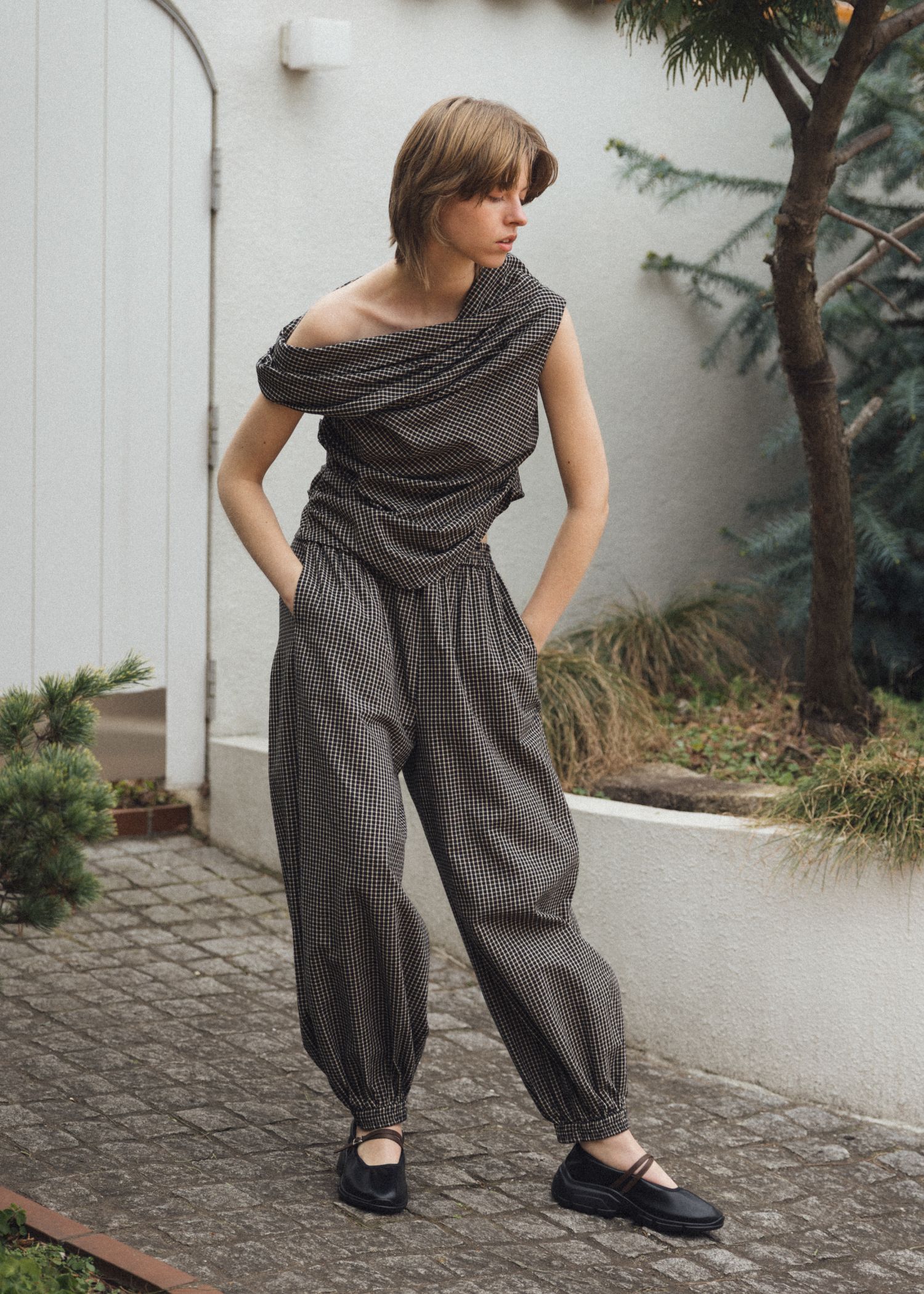 asymmetry tuck gather off shoulder check tops