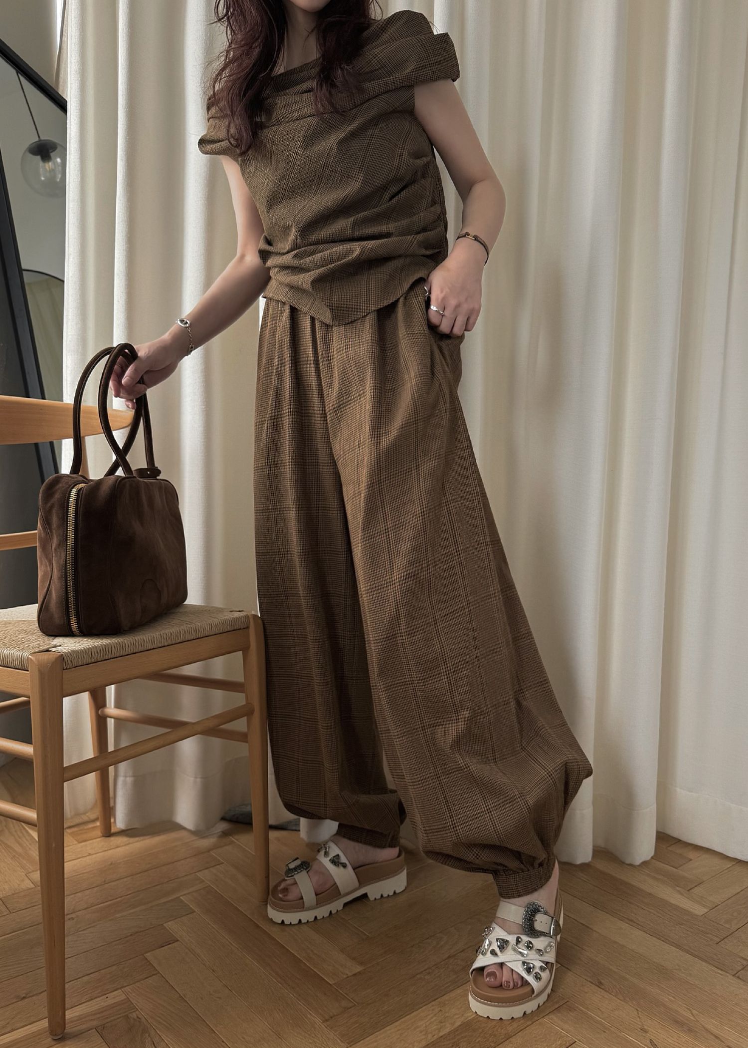 asymmetry tuck gather off shoulder check tops