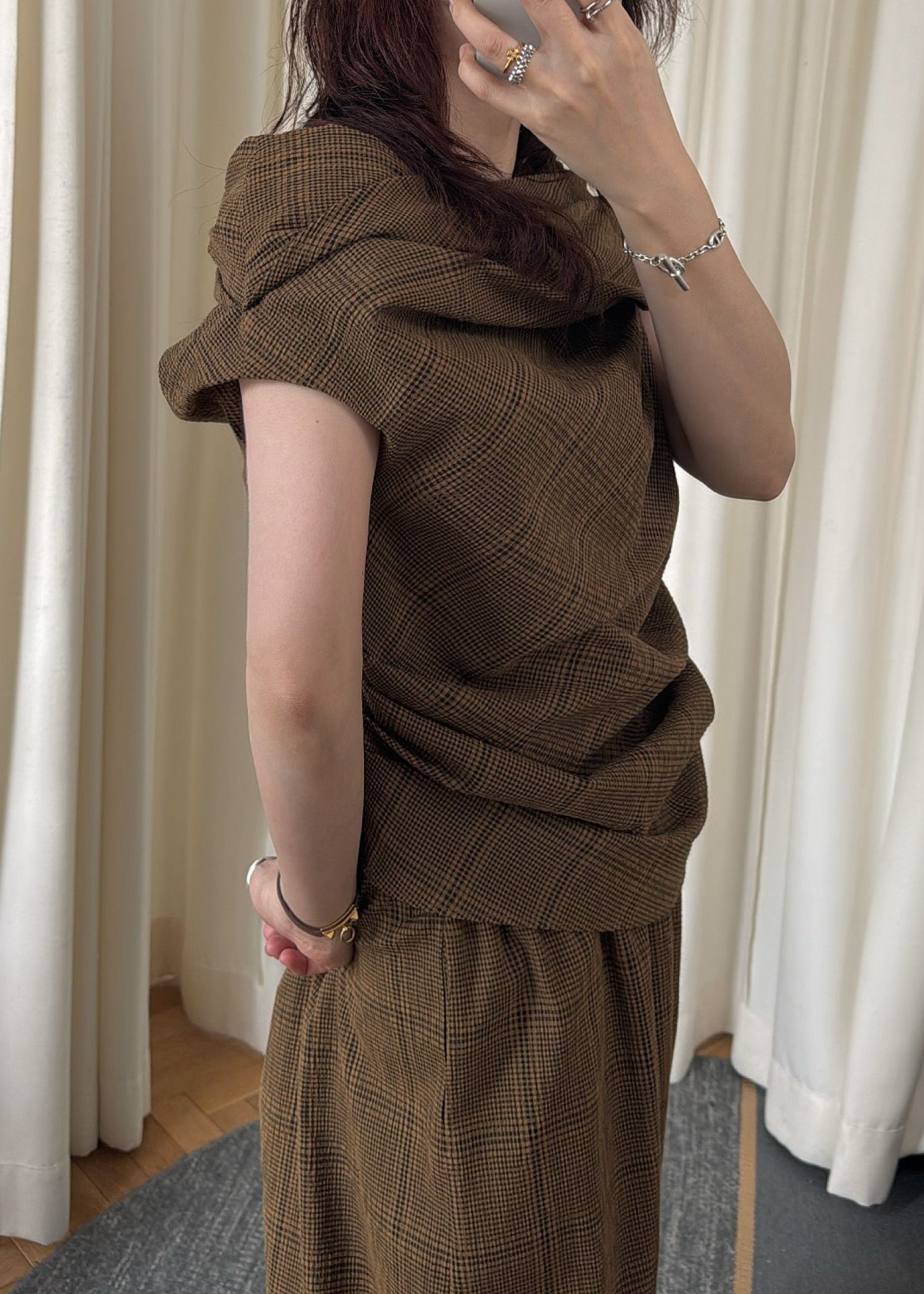 asymmetry tuck gather off shoulder check tops