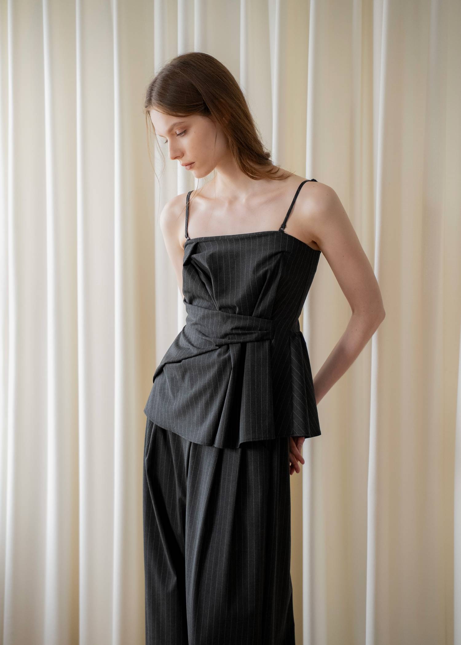 asymmetry tuck gather stripe bustier tops