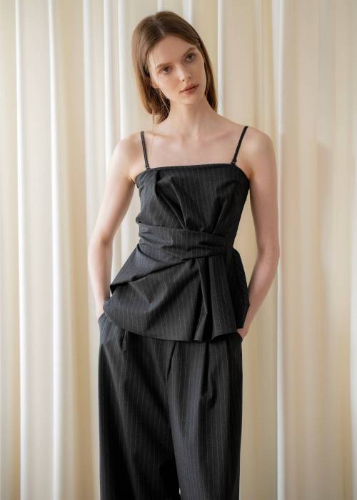 asymmetry tuck gather stripe bustier tops
