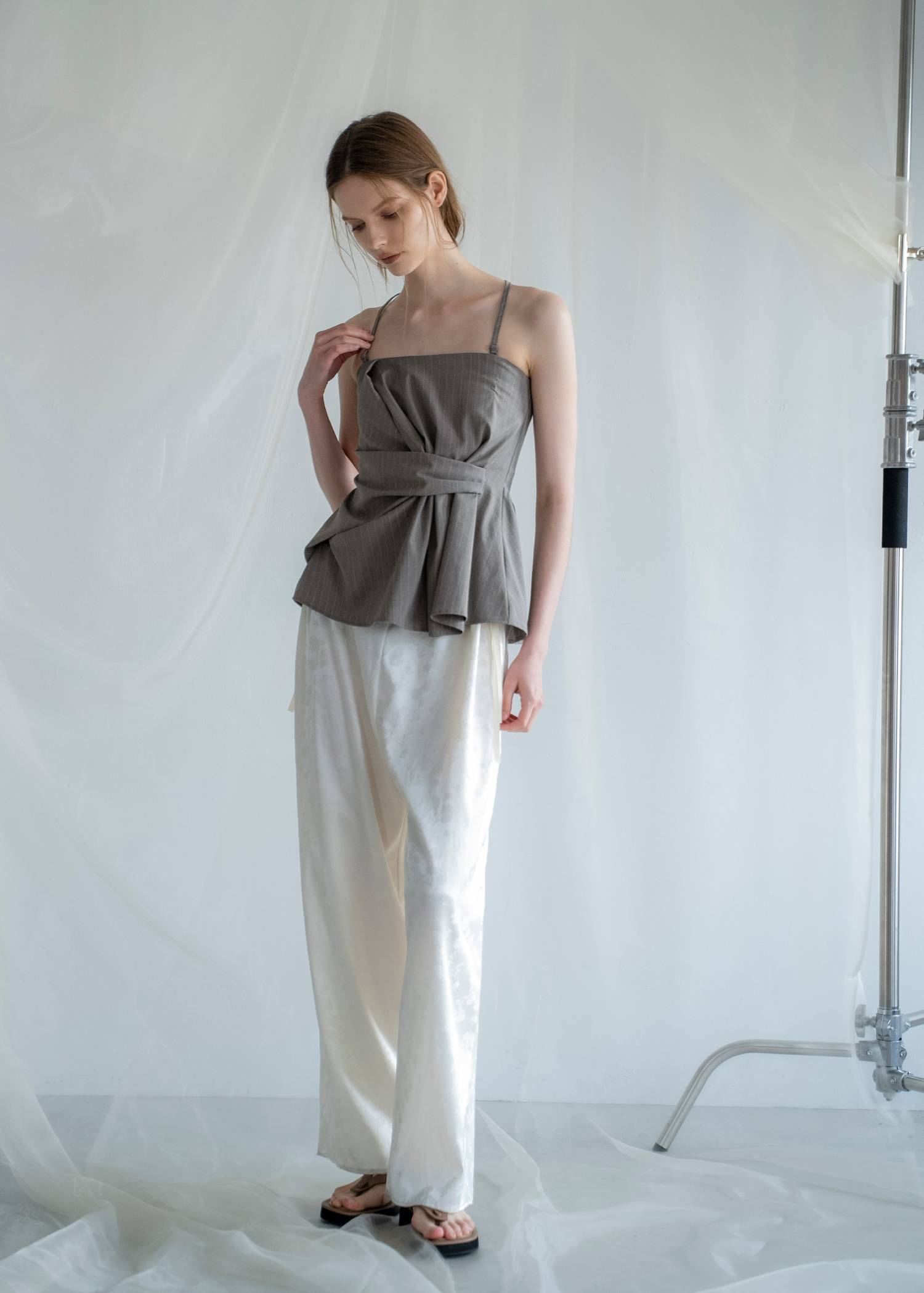 asymmetry tuck gather stripe bustier tops