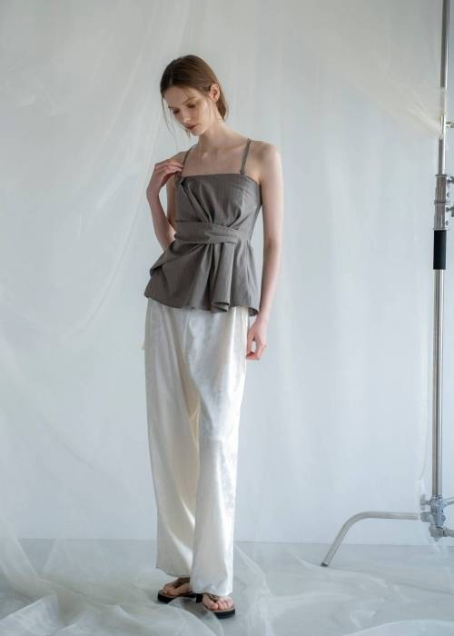 asymmetry tuck gather stripe bustier tops