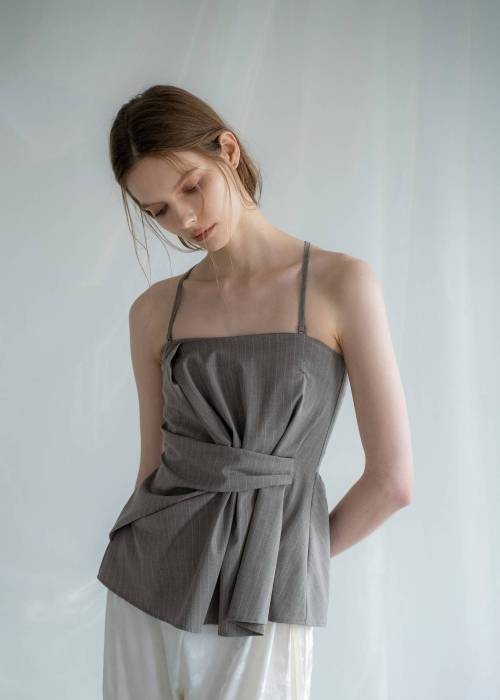 asymmetry tuck gather stripe bustier tops