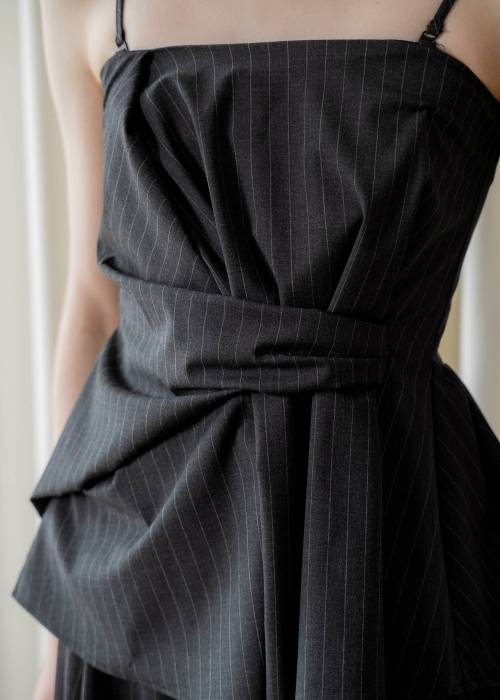 asymmetry tuck gather stripe bustier tops