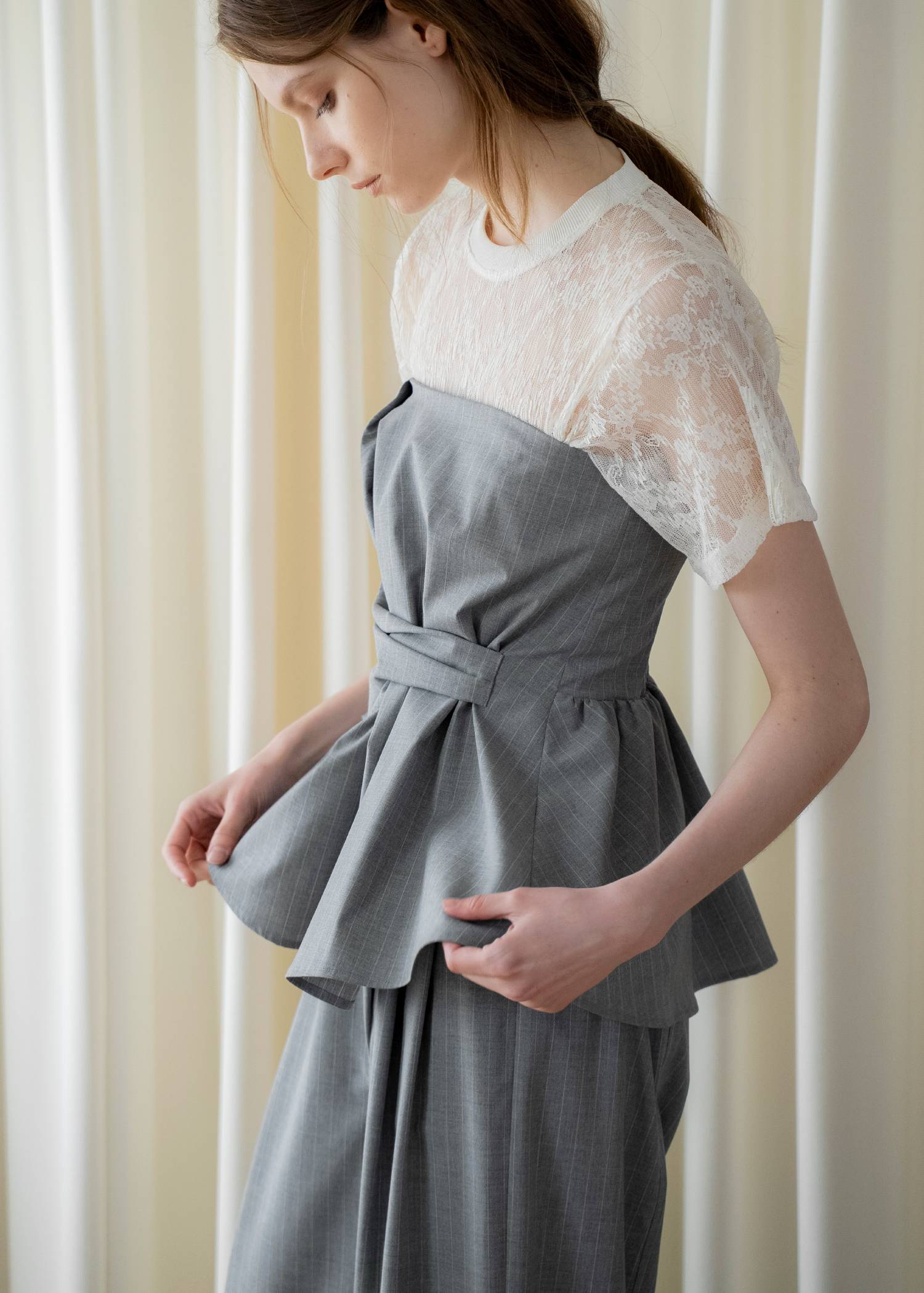 asymmetry tuck gather stripe bustier tops