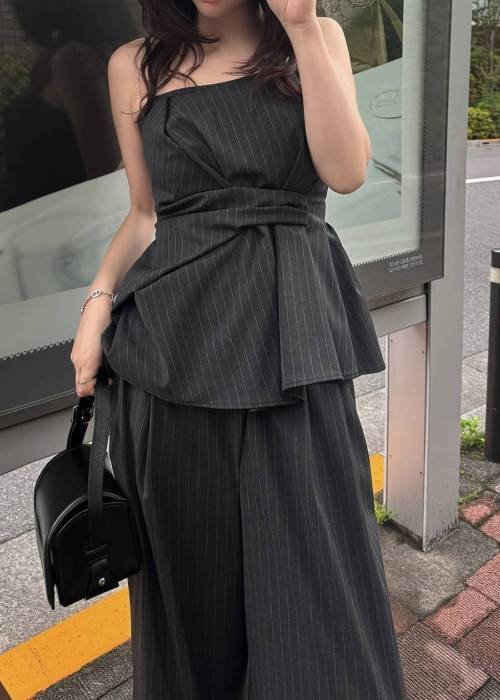 asymmetry tuck gather stripe bustier tops