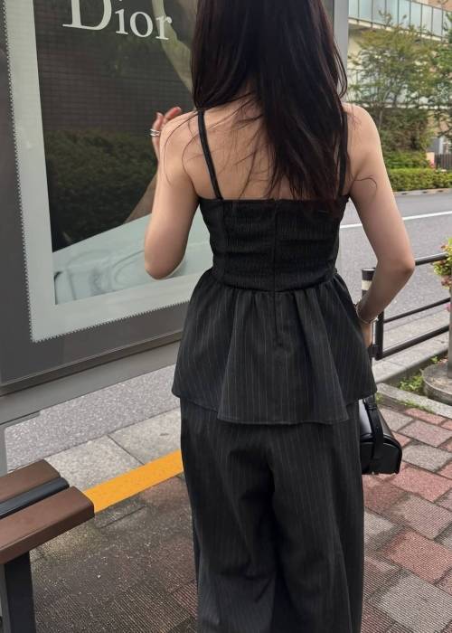 asymmetry tuck gather stripe bustier tops