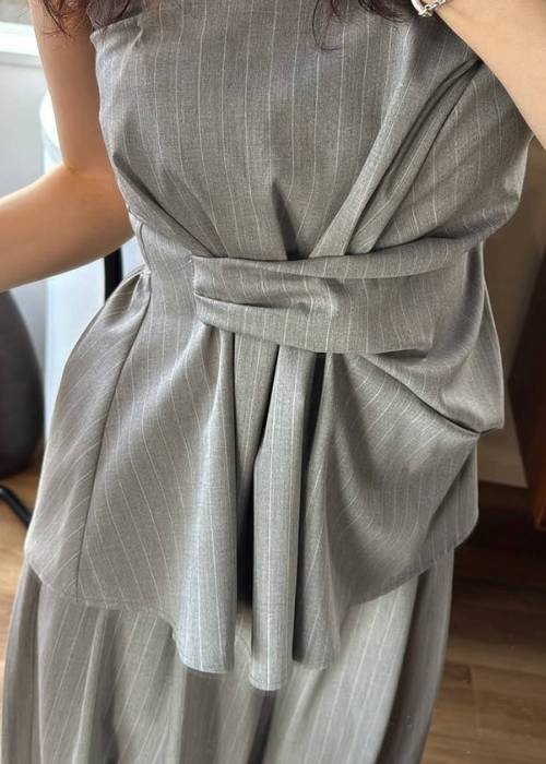asymmetry tuck gather stripe bustier tops