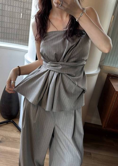 asymmetry tuck gather stripe bustier tops