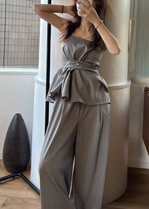 asymmetry tuck gather stripe bustier tops