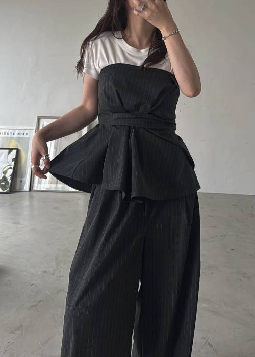 asymmetry tuck gather stripe bustier tops