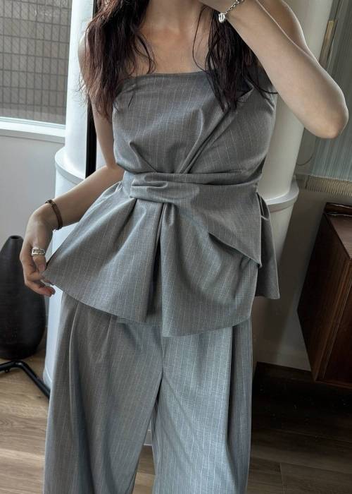 asymmetry tuck gather stripe bustier tops