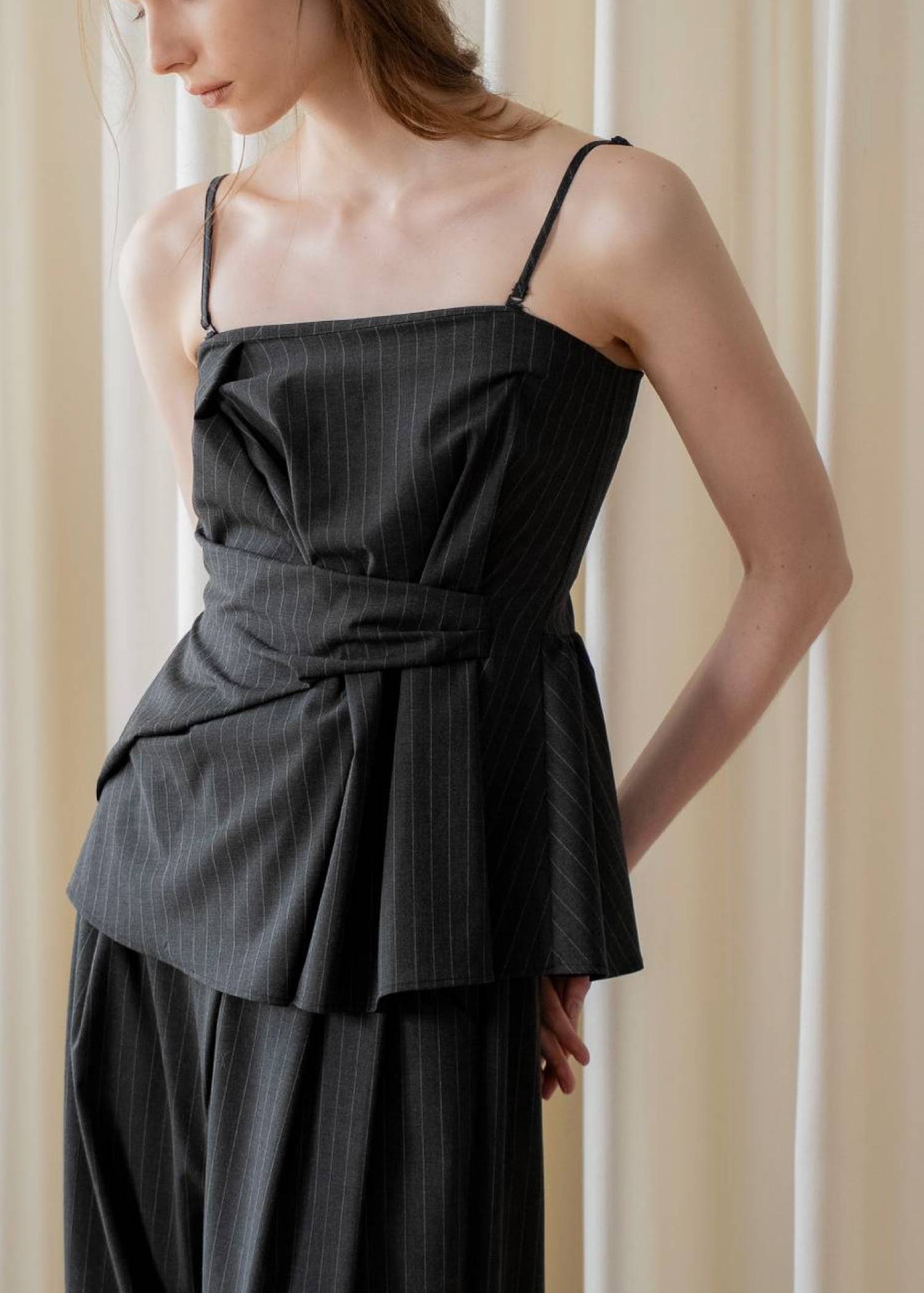asymmetry tuck gather stripe bustier tops