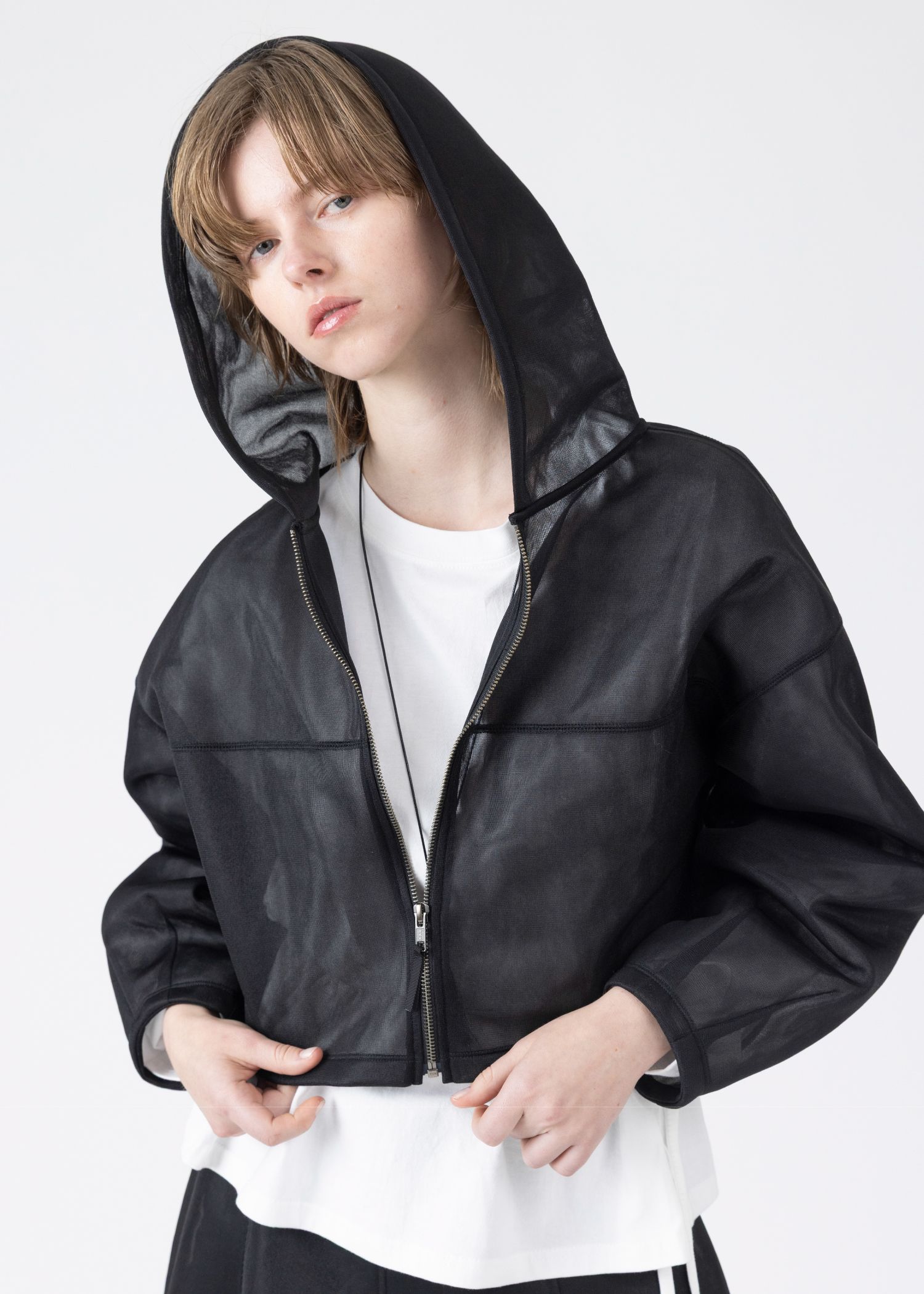 sheer cardboard fabric hoodie tops