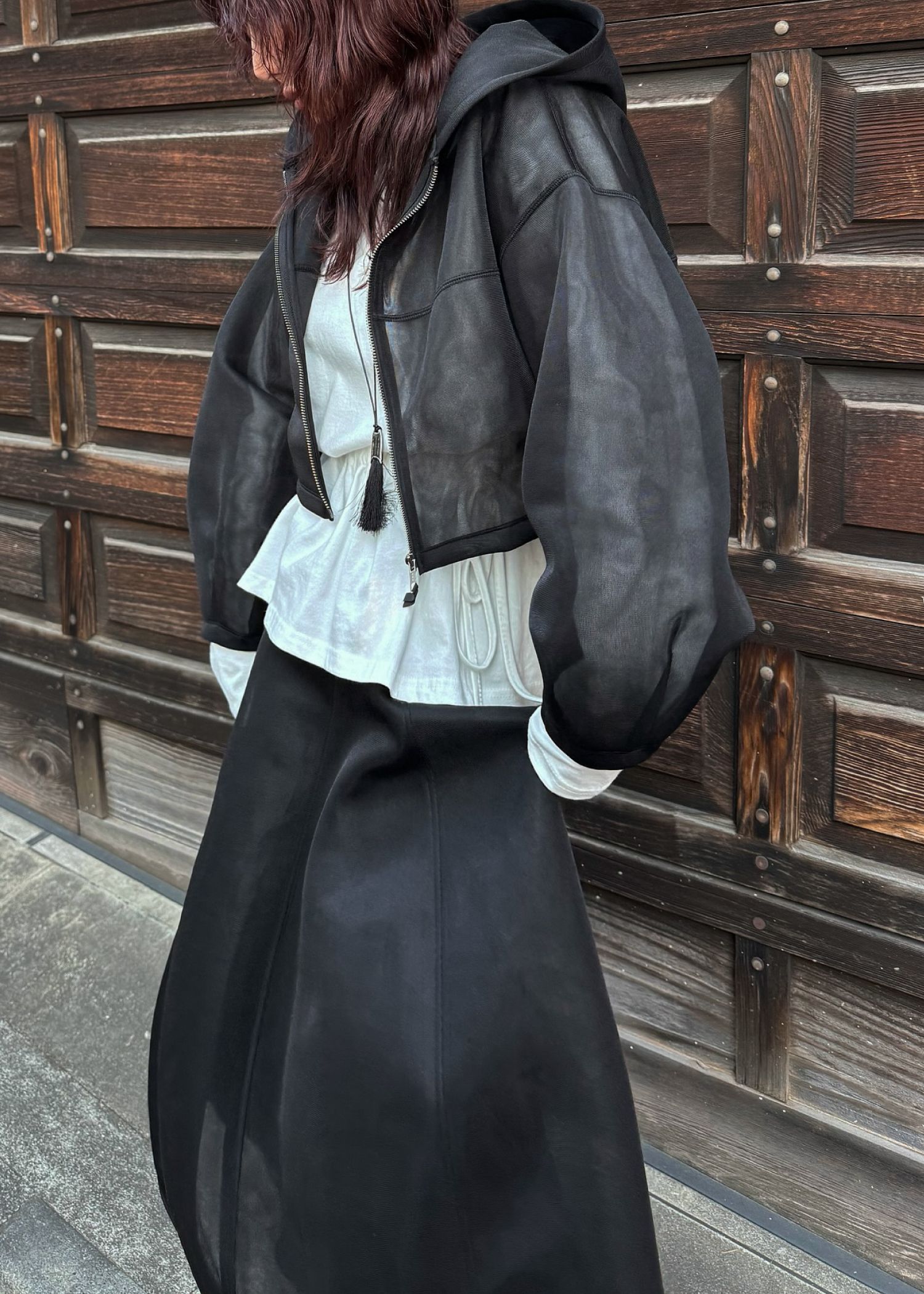 sheer cardboard fabric hoodie tops