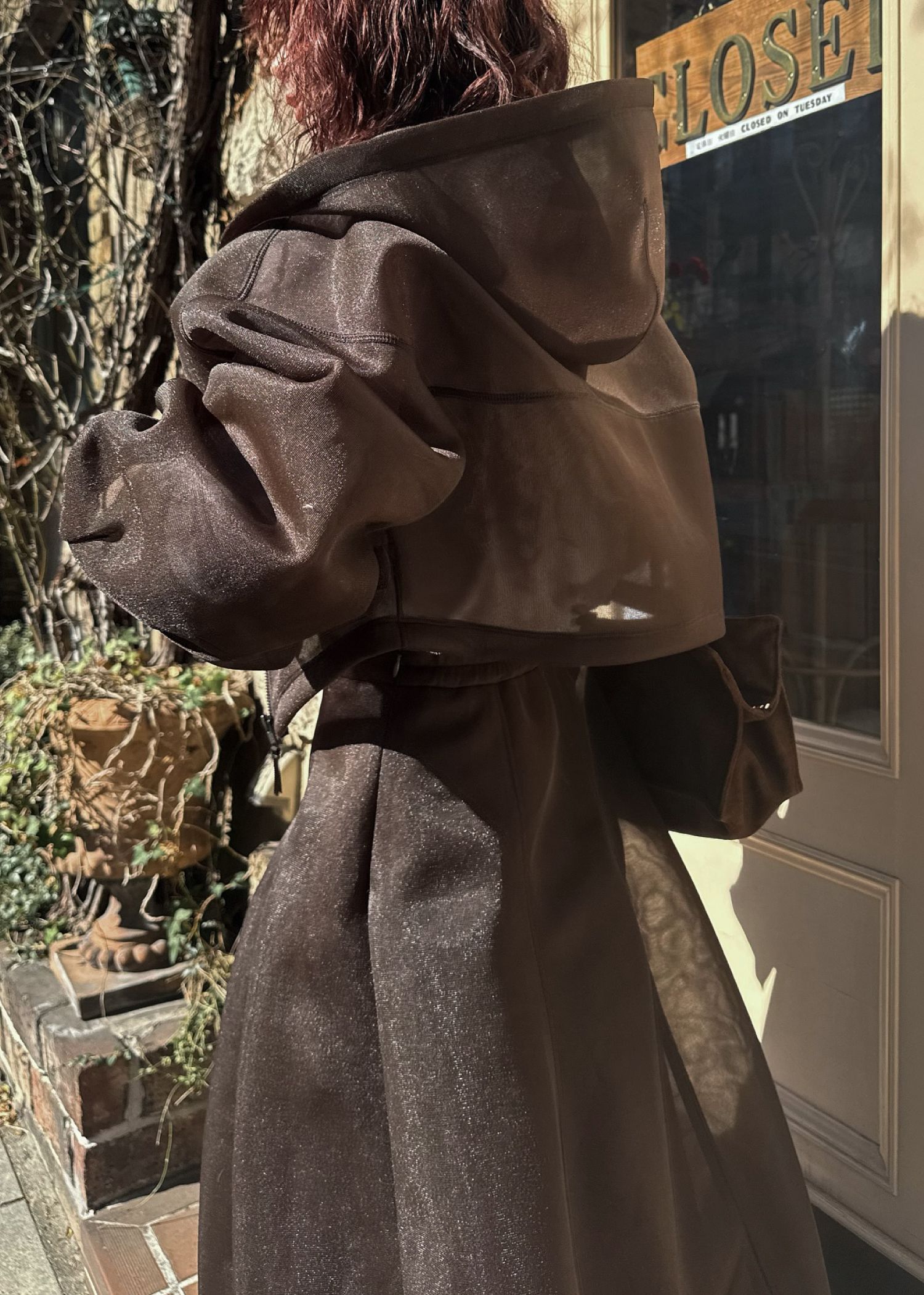 sheer cardboard fabric hoodie tops