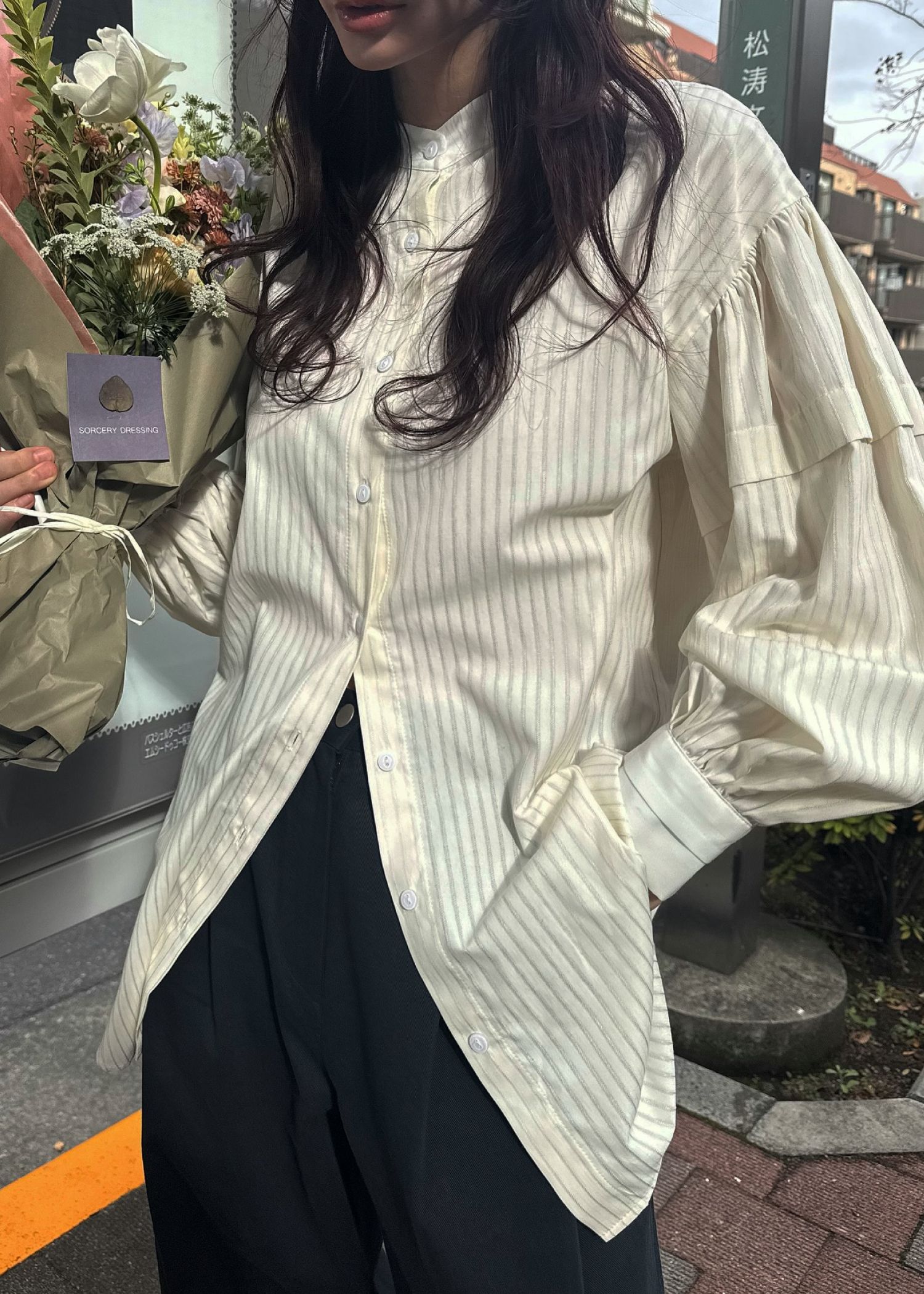 stripe balloon sleeve cleric BL