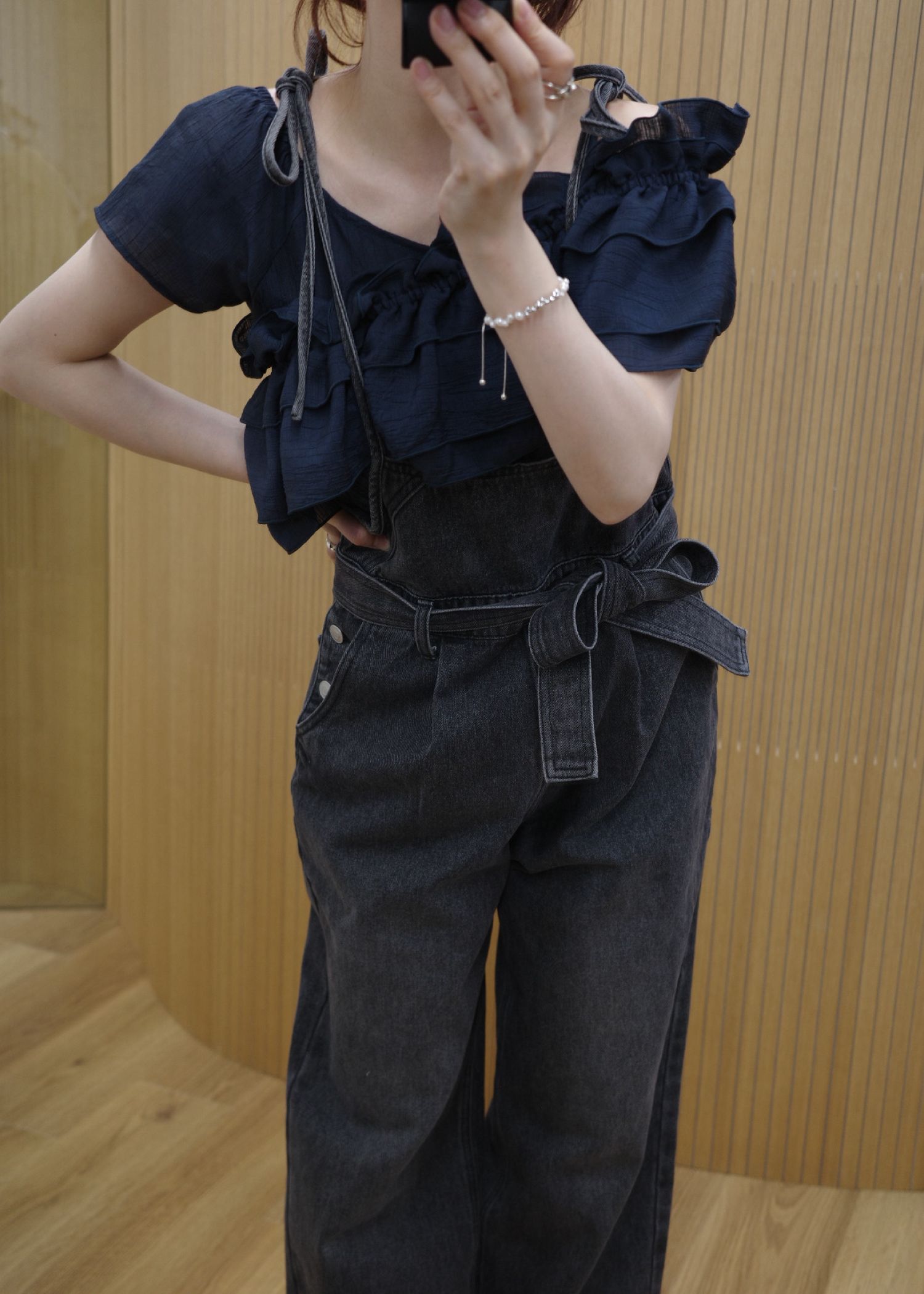 asymmetry tiered frill sheer shirring BL