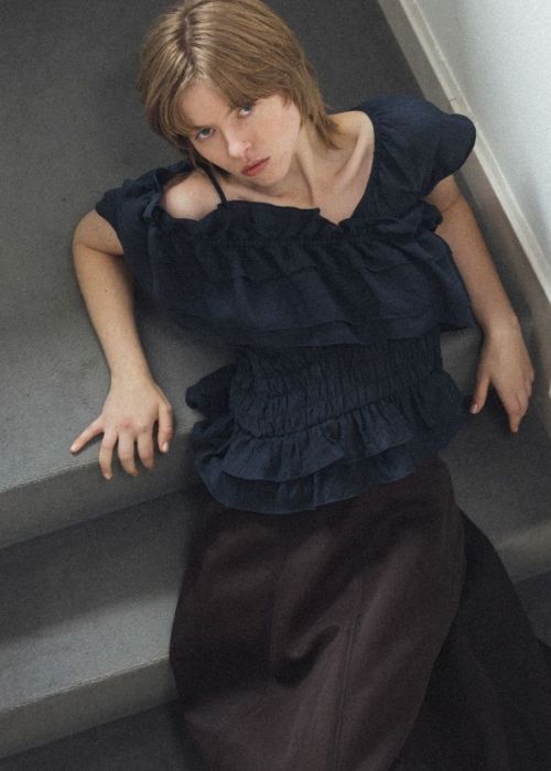 asymmetry tiered frill sheer shirring BL